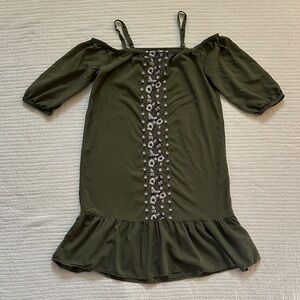 Old Navy Olive Green Off-Shoulder Dress with Floral Center Trim